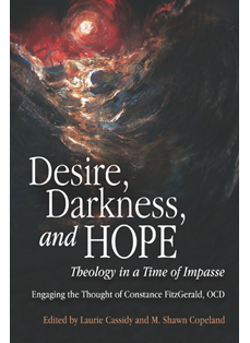 Cover of Desire, Darkness, and Hope, Moody sunset on a dark background with red sun shining through clouds